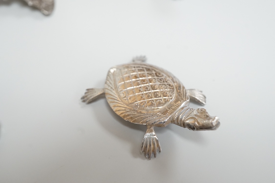 A group of nine assorted Indian white metal miniature model insects and reptiles, etc. including a King Cobra, scorpion, lizards, turtle, butterfly and crab etc.
